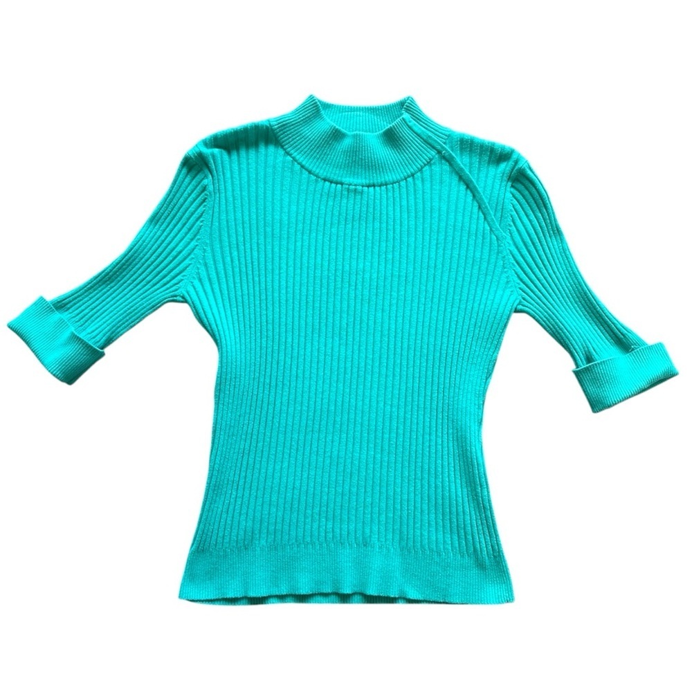 Vintage Evie. Small Turquoise Ribbed Mock Neck Half Sleeve Sweater